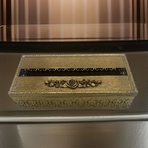 Vintage Filigree 3D Rose Tissue Box Cover Gold Metal Hinged